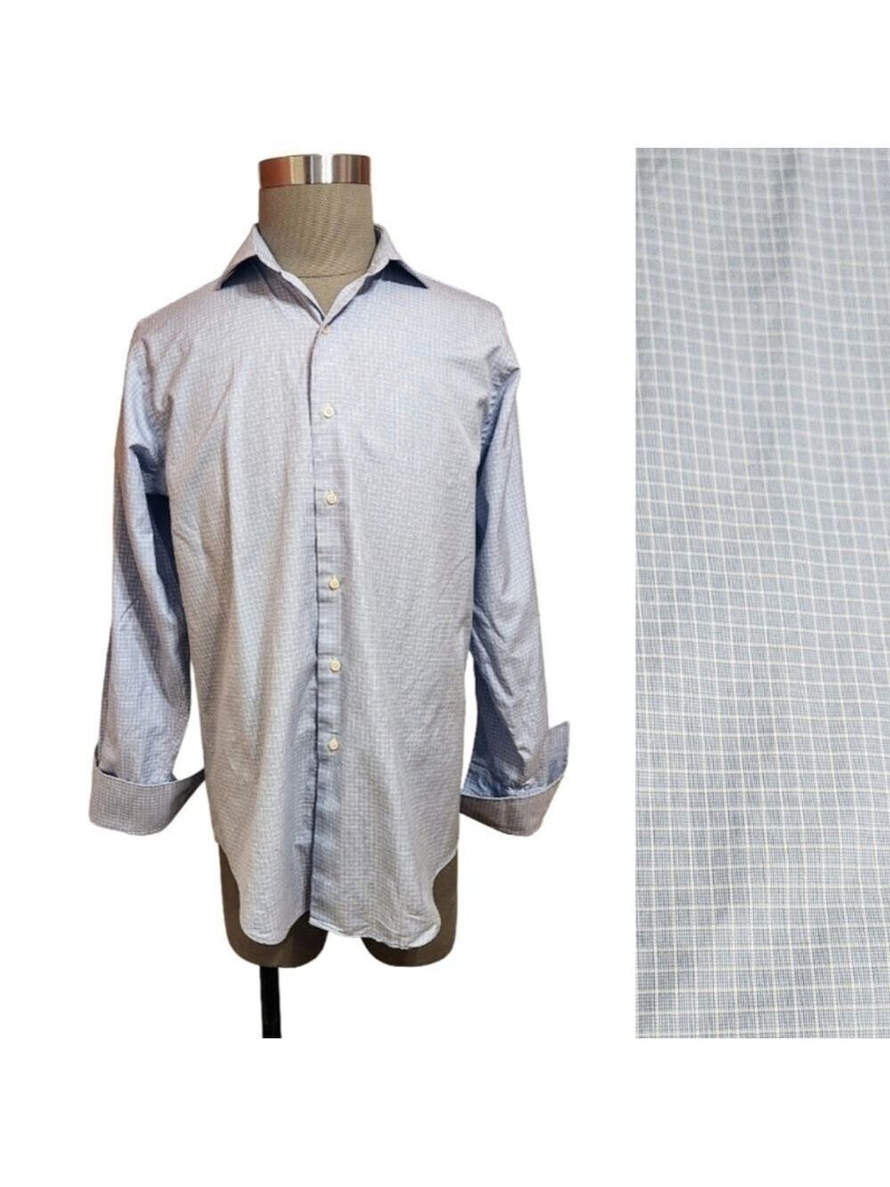 Brooks Brothers Blue White Grid Check French Cuff Dress Shirt 16 34